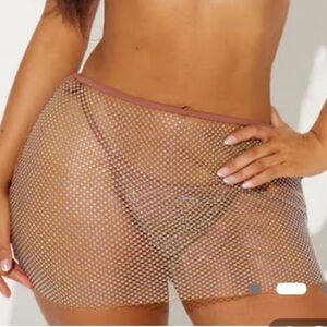 Fashion Nova Swim Rhinestone Fishnet Skirt Cover-Up & Bikin Bottom Mocha Size XL